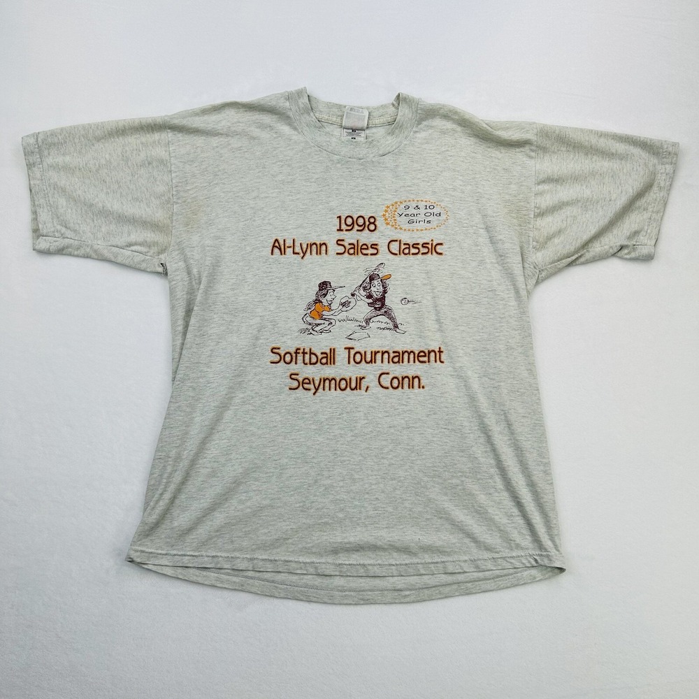 VINTAGE Softball Shirt Adult Large Gray Yellow Logo Connecticut Baseball Men 90s